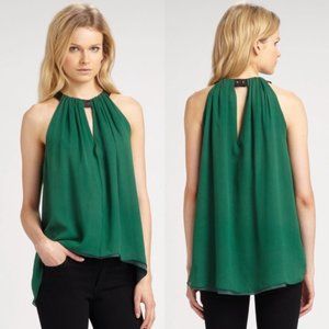 Elizabeth and James Silk Flowy Lori Halter Top XS leather trim emerald flowy